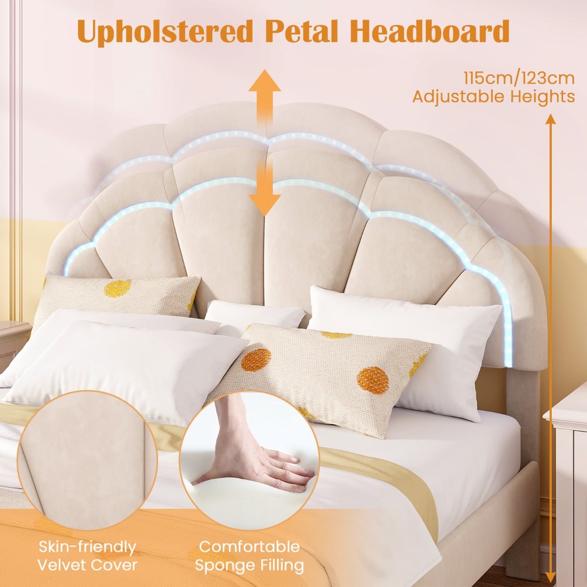 Platform Bed with Adjustable Petal Headboard and Wooden Slats Support-King Size