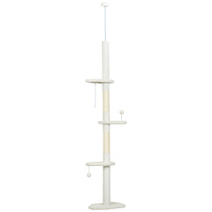 PawHut 225-255 cm Adjustable Cat Climbing Tower with Sisal Scratching Posts, 2 Hanging Play Balls and Anti-Tip Strap, Beige