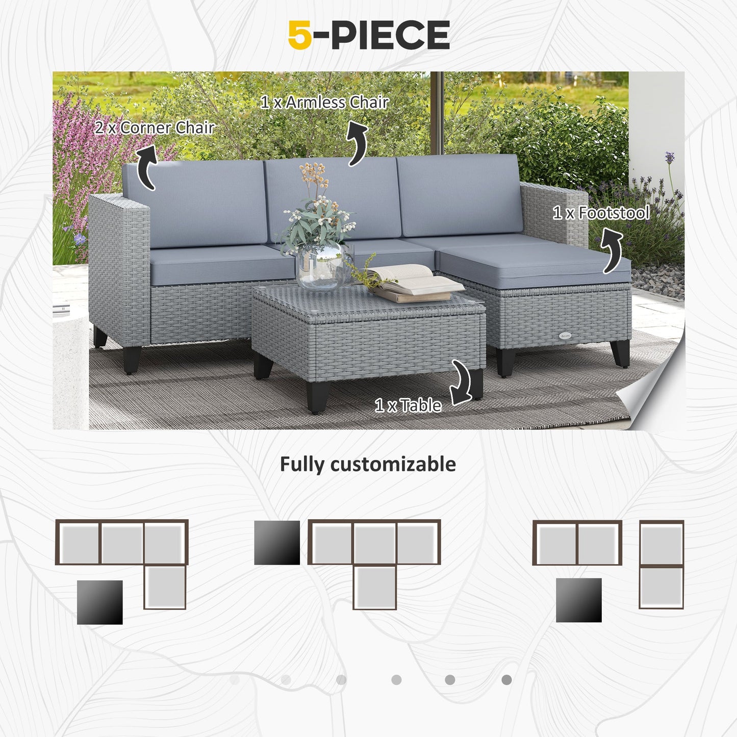 Outsunny 5-Piece Rattan Patio Furniture Set with Corner Sofa, Footstools, Coffee Table, for Poolside, Grey