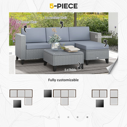 Outsunny 5-Piece Rattan Patio Furniture Set with Corner Sofa, Footstools, Coffee Table, for Poolside, Grey