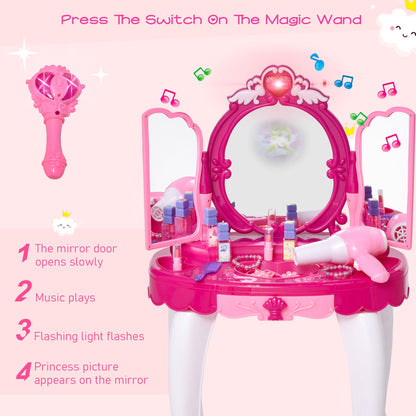 HOMCOM 26 Pcs Kids Children Vanity Dressing Table Magic Glamour Princess Mirror Makeup Table Stool Set w/ Beauty Kit Lights Music Jewellery Pretend Toy Fuchsia