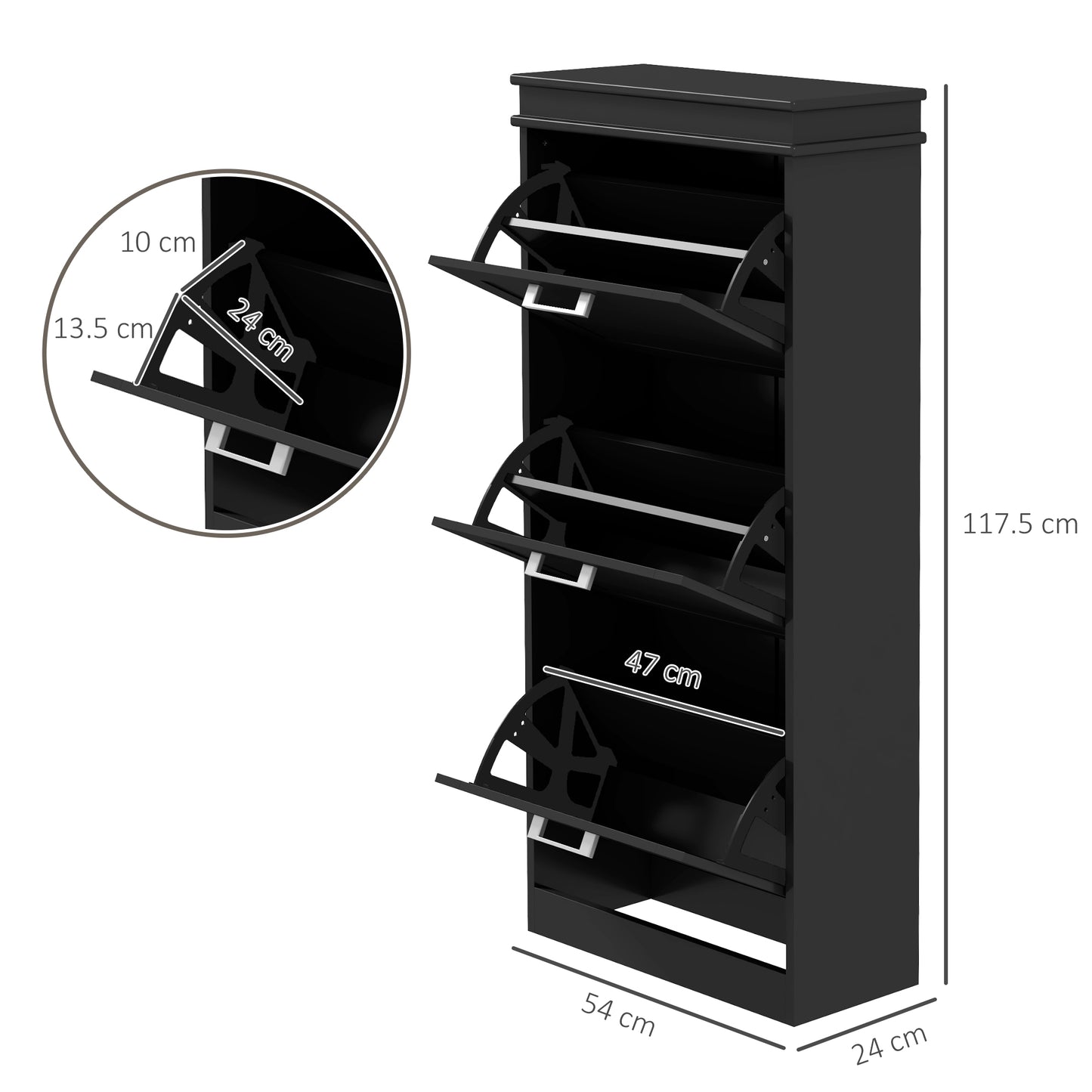 HOMCOM Three-Drawer Minimalistic Shoe Cabinet - Black