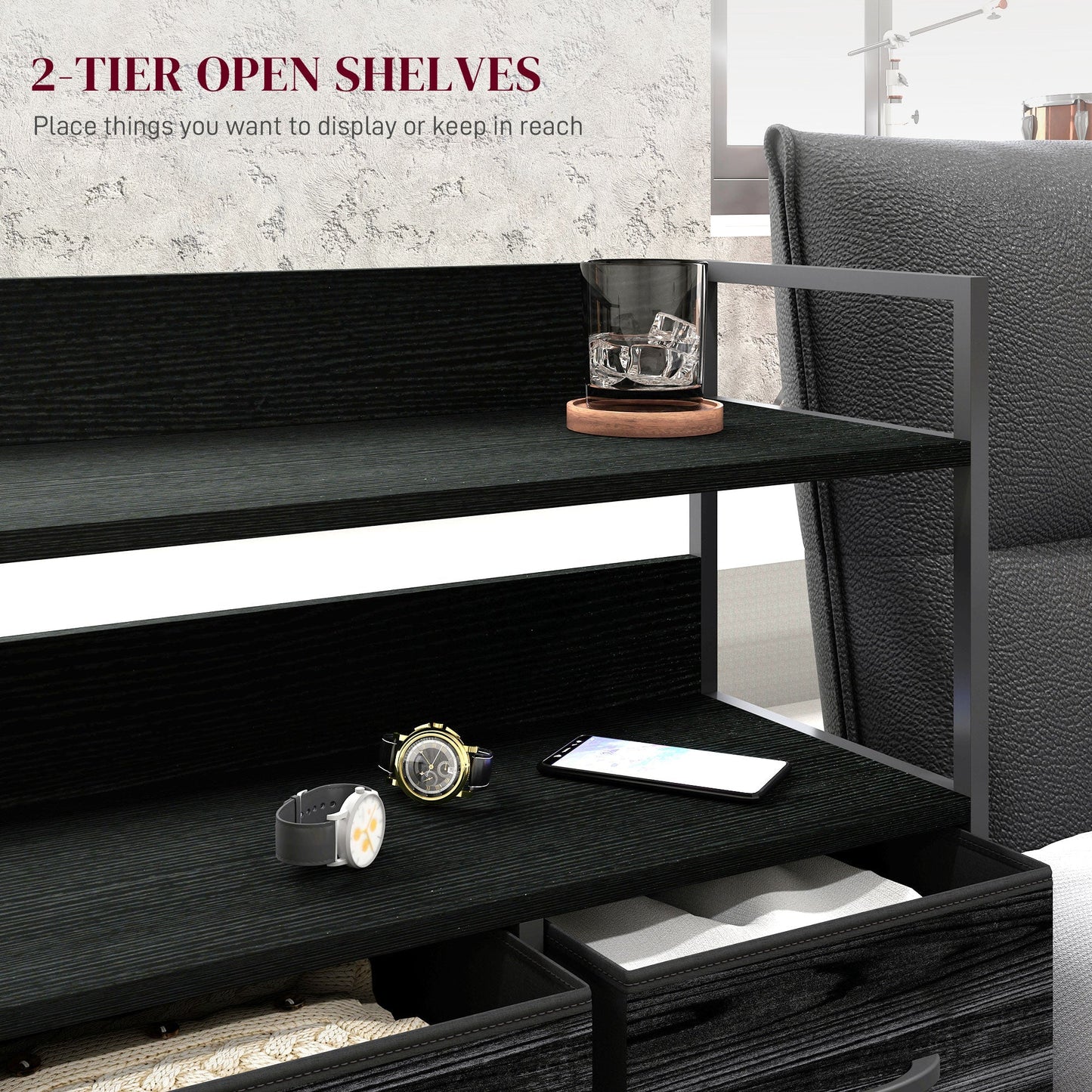 HOMCOM Rustic Chest of Five Fabric Drawers - Black