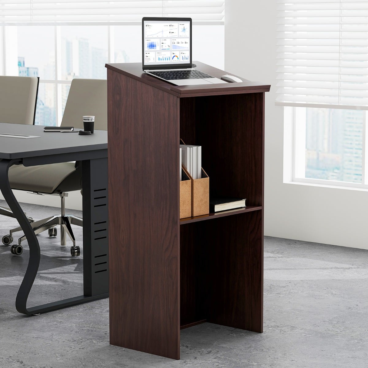 Podium Stand Hostess Stand for Speakers with Storage Shelf-Brown