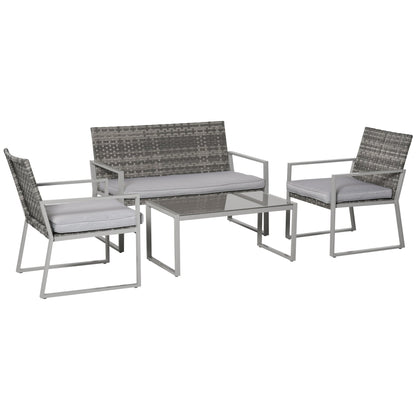 Outsunny 4PC Rattan Garden Furniture Set 2 Single Sofa Arm Chairs 1 Bench with Cushions & Coffee Table Patio Backyard Wicker Weave