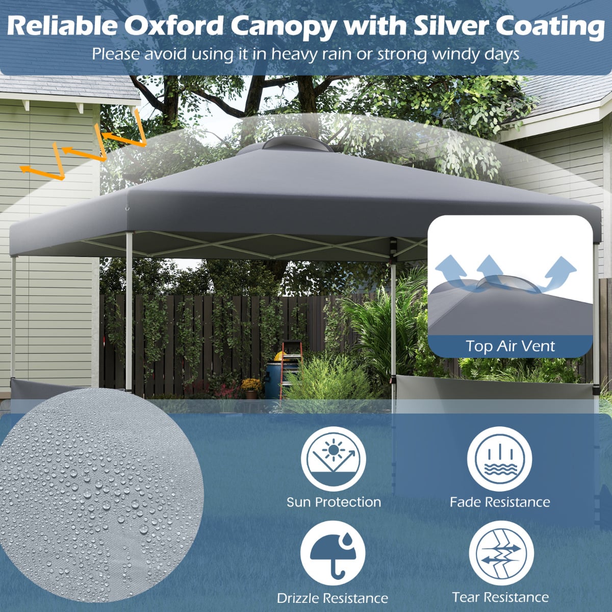 300 X 300 CM Pop up Canopy Tent with 2 Half Sidewalls-Grey