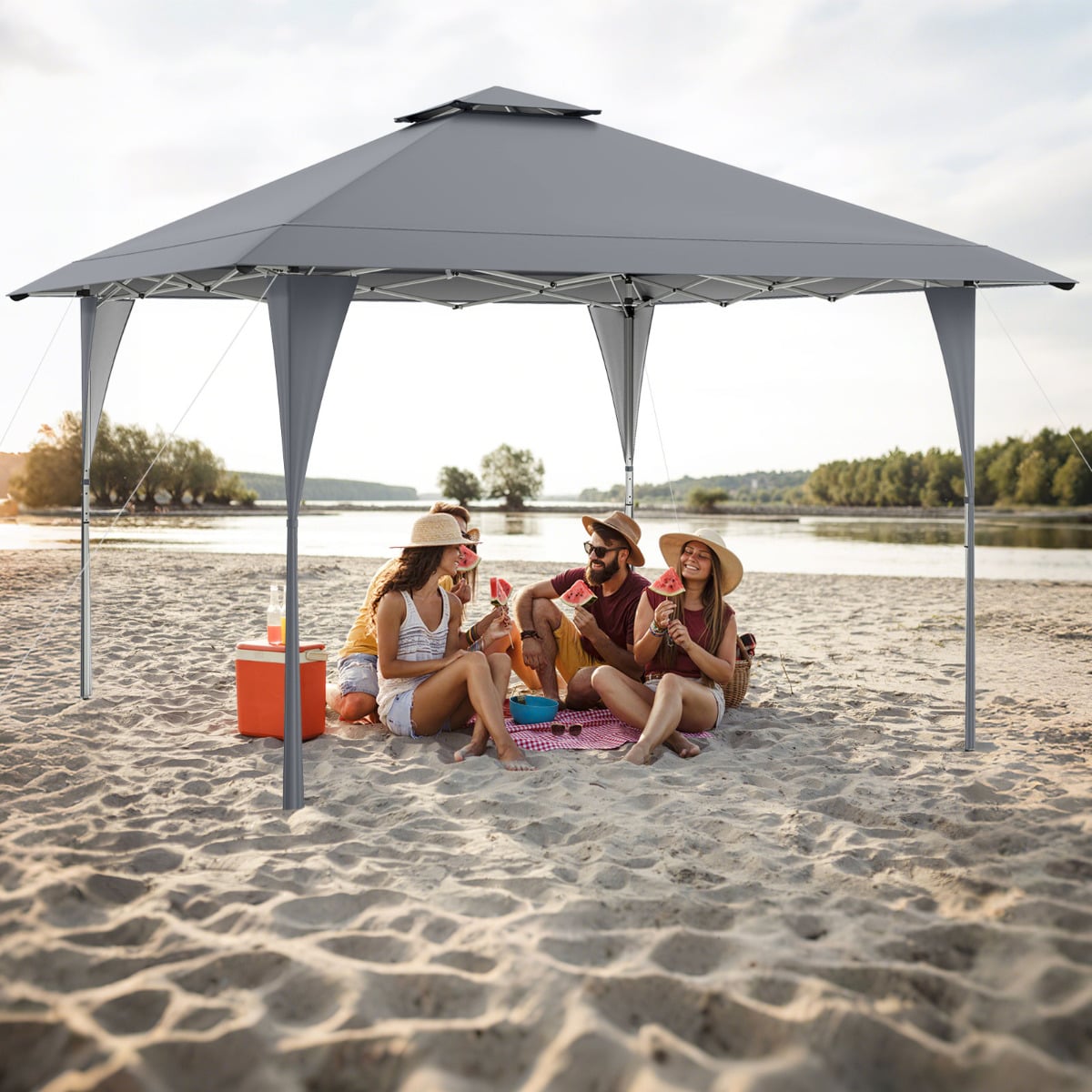 395 x 395 cm Pop up Canopy Tent with Vented Top and 8 Drainage Holes-Grey