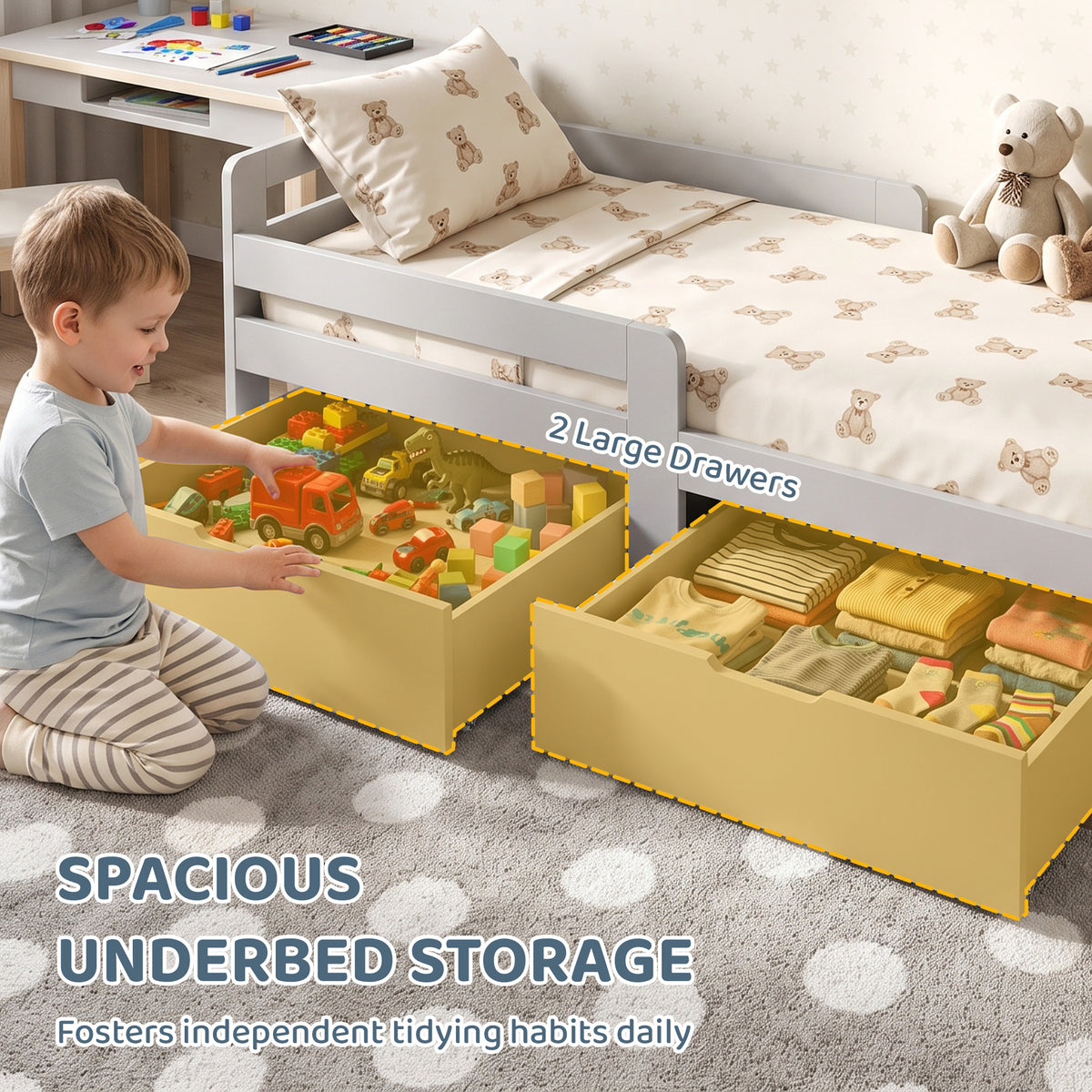 AIYAPLAY Wooden Kids Bed Frame with 2 Storage Drawers and Guard Rails for Ages 4-14, 144 x 76 x 57 cm (No Mattress), Grey