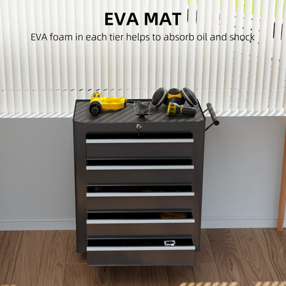 HOMCOM 5-Drawer Tool Chest with Wheels, Steel Lockable Tool Storage Cabinet with Handle, 2 Keys for Garage, Workshop, Black