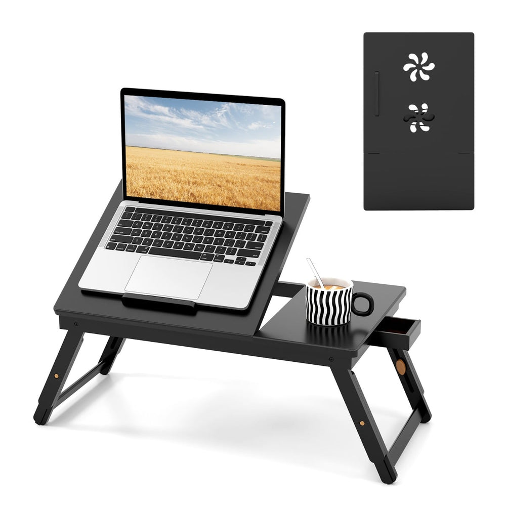 Portable Bamboo Laptop Lap Tray with Adjustable Legs and Tilting Top-Brown