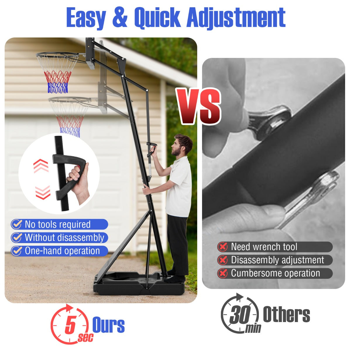 Portable Basketball Hoop 1.05-3.05m Adjustable with Shatterproof Backboard