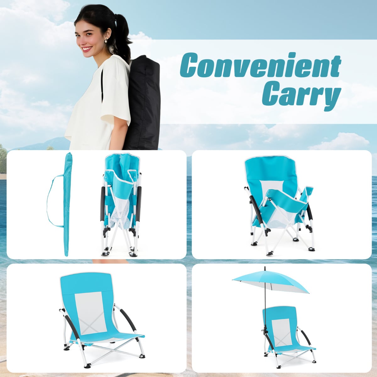 Portable Beach Umbrella Chair with Adjustable Parasol-Blue
