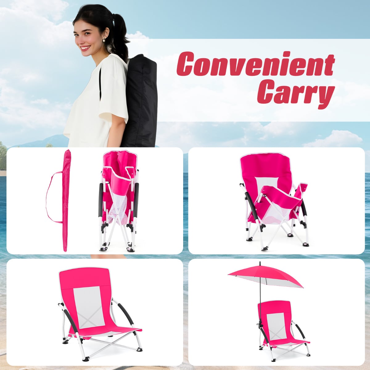 Portable Beach Umbrella Chair with Adjustable Parasol-Pink