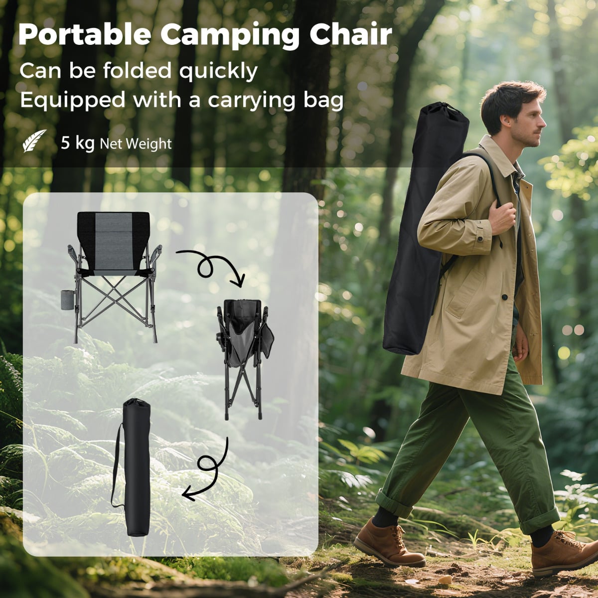 Portable Camping Chair Outdoor Folding Oxford Cloth Chair-Black-1 Piece