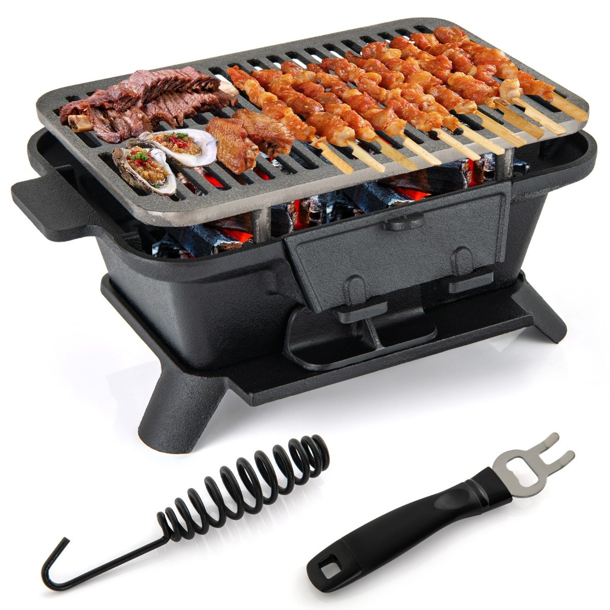 Portable Charcoal Grill with Double-sided Grilling Net