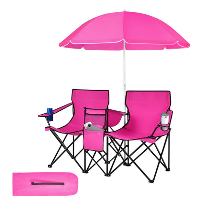 Portable Double Camping Chair with Umbrella and Ice Bag-Pink