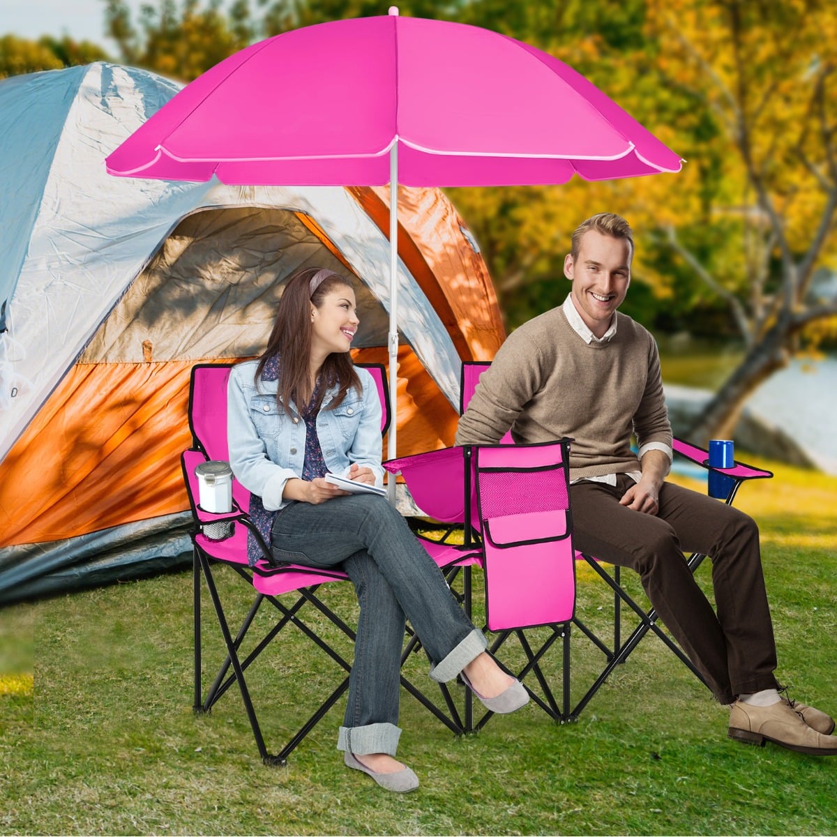 Portable Double Camping Chair with Umbrella and Ice Bag-Pink