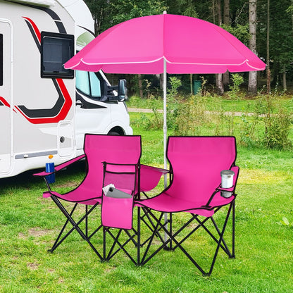 Portable Double Camping Chair with Umbrella and Ice Bag-Pink