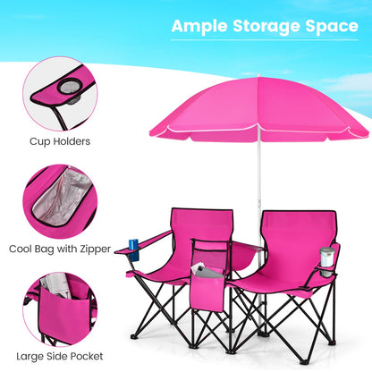 Portable Double Camping Chair with Umbrella and Ice Bag-Pink