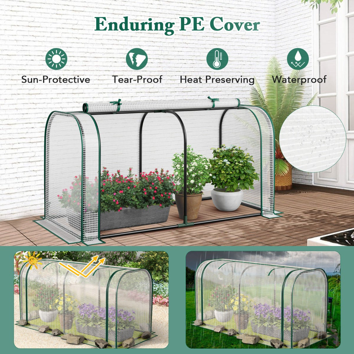 Portable Garden Patio Greenhouse with Roll-up Zipper Door and Waterproof Sun-Protective PE Cover-White