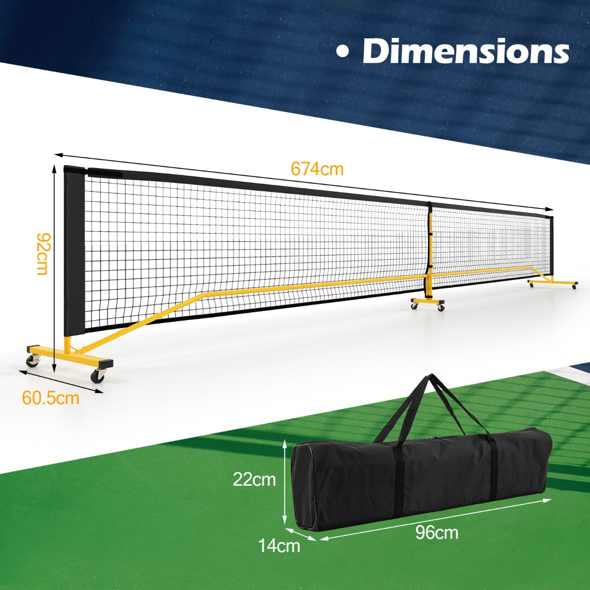 Portable Regulation Size Pickle Ball Net System with 6 Lockable Wheels