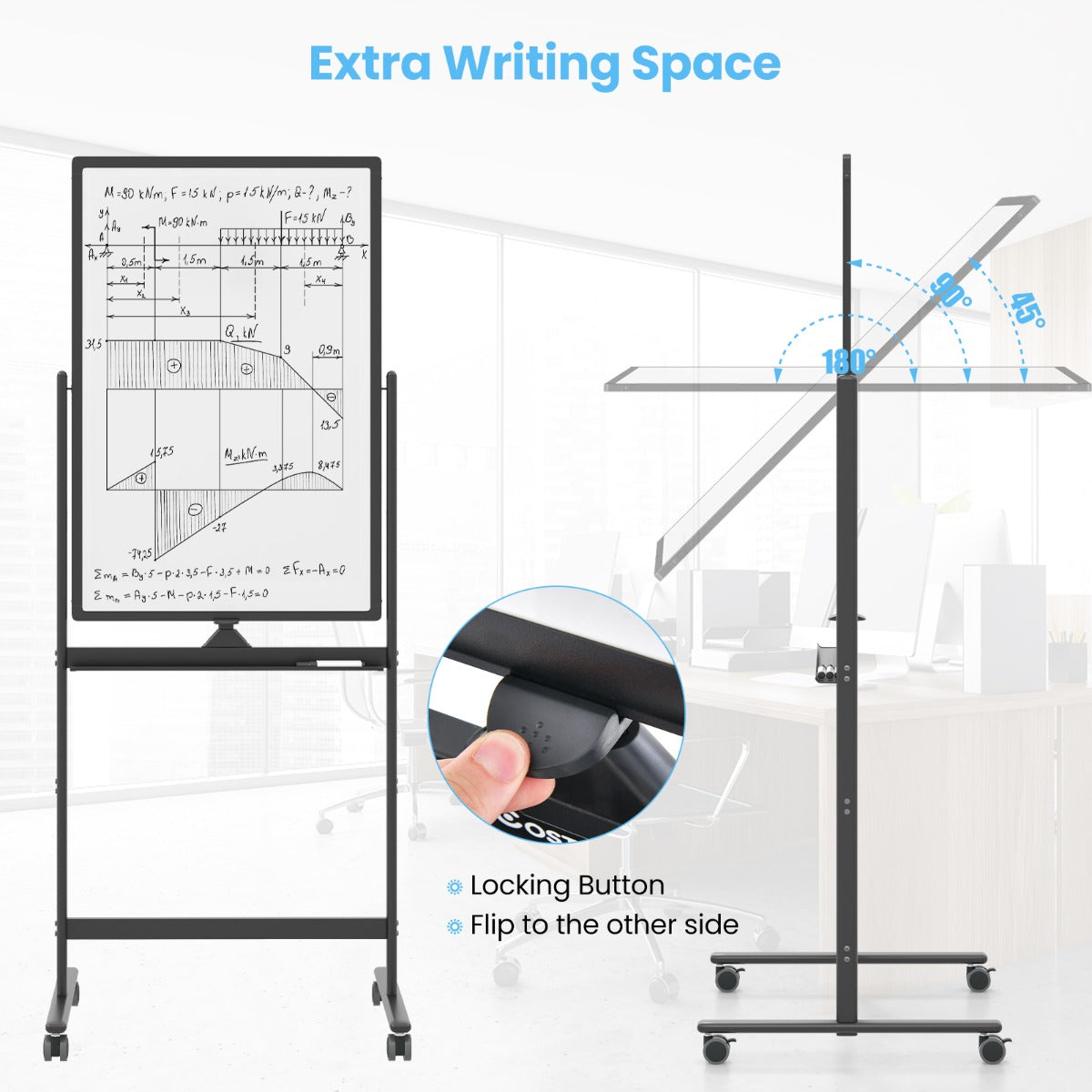 Double-sided mobile whiteboard with pen tray & accessories for school office 60 x 90 cm black