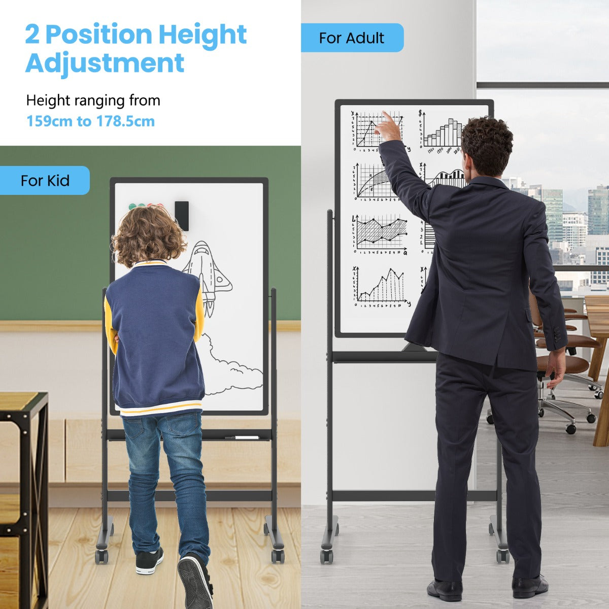 Double-sided mobile whiteboard with pen tray & accessories for school office 60 x 90 cm black