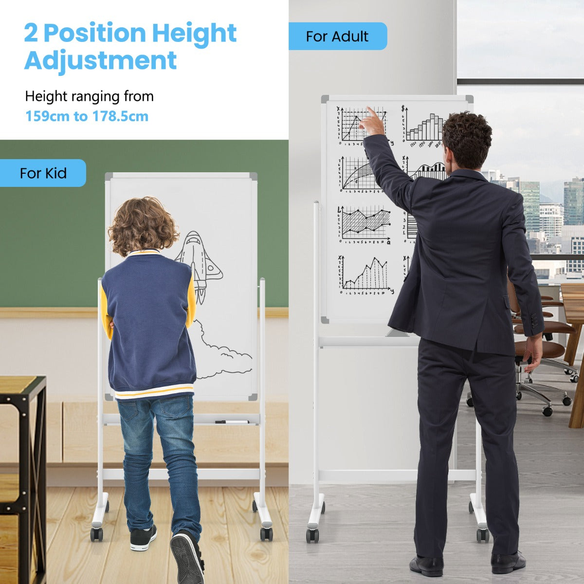 Double-sided mobile whiteboard with pen tray &amp; accessories for school office 60 x 90 cm white