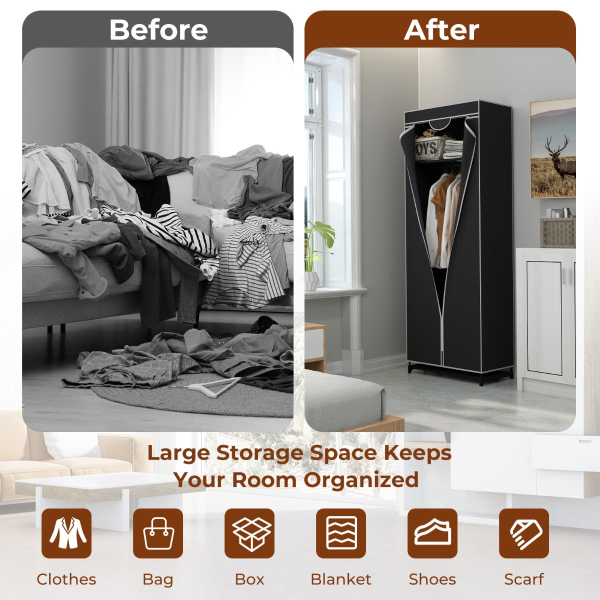 Single Canvas Wardrobe with Dust-proof Cover-Black