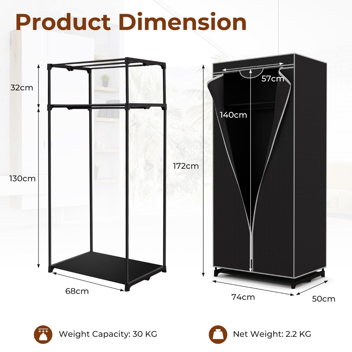 Single Canvas Wardrobe with Dust-proof Cover-Black