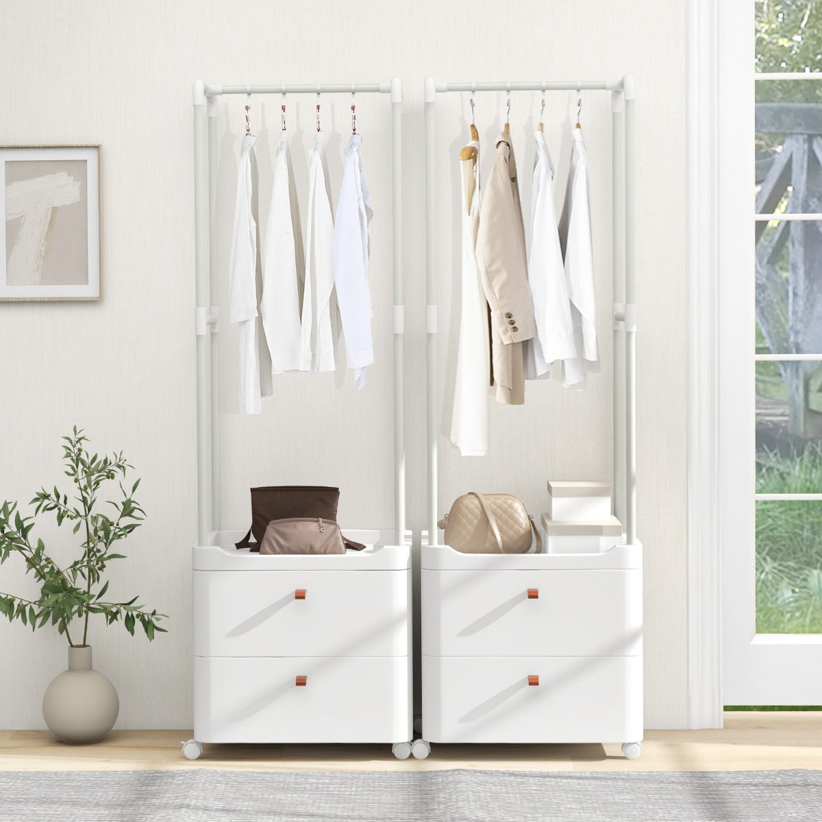 Freestanding Heavy-duty Clothing Stand Dresser with Hanging Rod and Storage Shelves-White