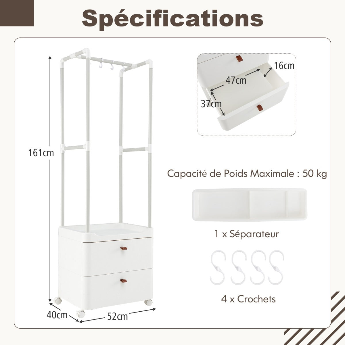 Freestanding Heavy-duty Clothing Stand Dresser with Hanging Rod and Storage Shelves-White