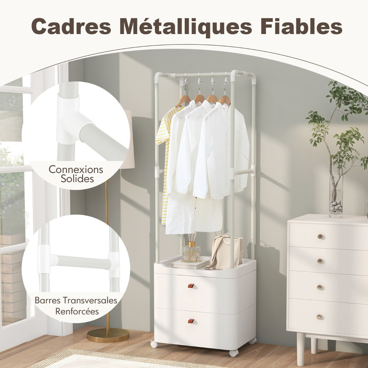 Freestanding Heavy-duty Clothing Stand Dresser with Hanging Rod and Storage Shelves-White