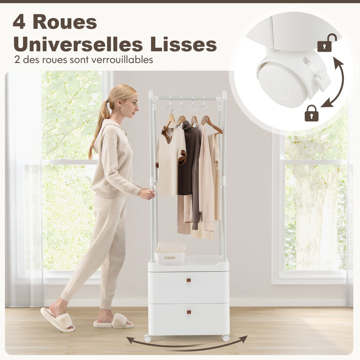 Freestanding Heavy-duty Clothing Stand Dresser with Hanging Rod and Storage Shelves-White