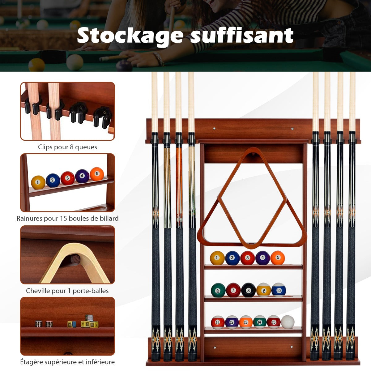 Wall Mounted Billiard Cue Rack 8 Cues and 3 Tier Grooves 15 Ball Holders 1 Triangle Wooden Ball Holder for Club