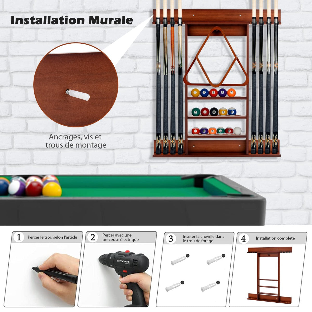 Wall Mounted Billiard Cue Rack 8 Cues and 3 Tier Grooves 15 Ball Holders 1 Triangle Wooden Ball Holder for Club