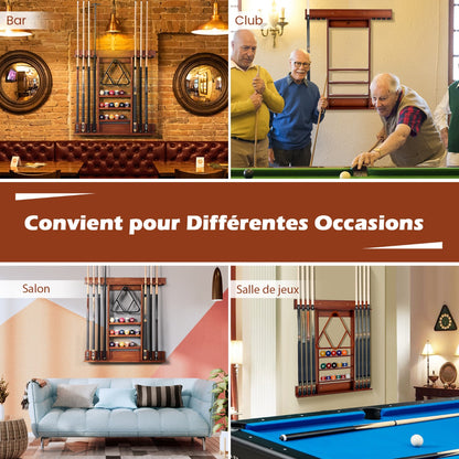 Wall Mounted Billiard Cue Rack 8 Cues and 3 Tier Grooves 15 Ball Holders 1 Triangle Wooden Ball Holder for Club