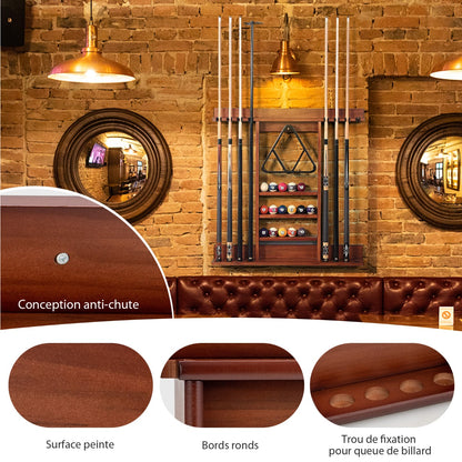 Wall Mounted Billiard Cue Rack 8 Cues and 3 Tier Grooves 15 Ball Holders 1 Triangle Wooden Ball Holder for Club