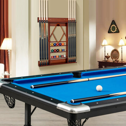 Wall Mounted Billiard Cue Rack 8 Cues and 3 Tier Grooves 15 Ball Holders 1 Triangle Wooden Ball Holder for Club