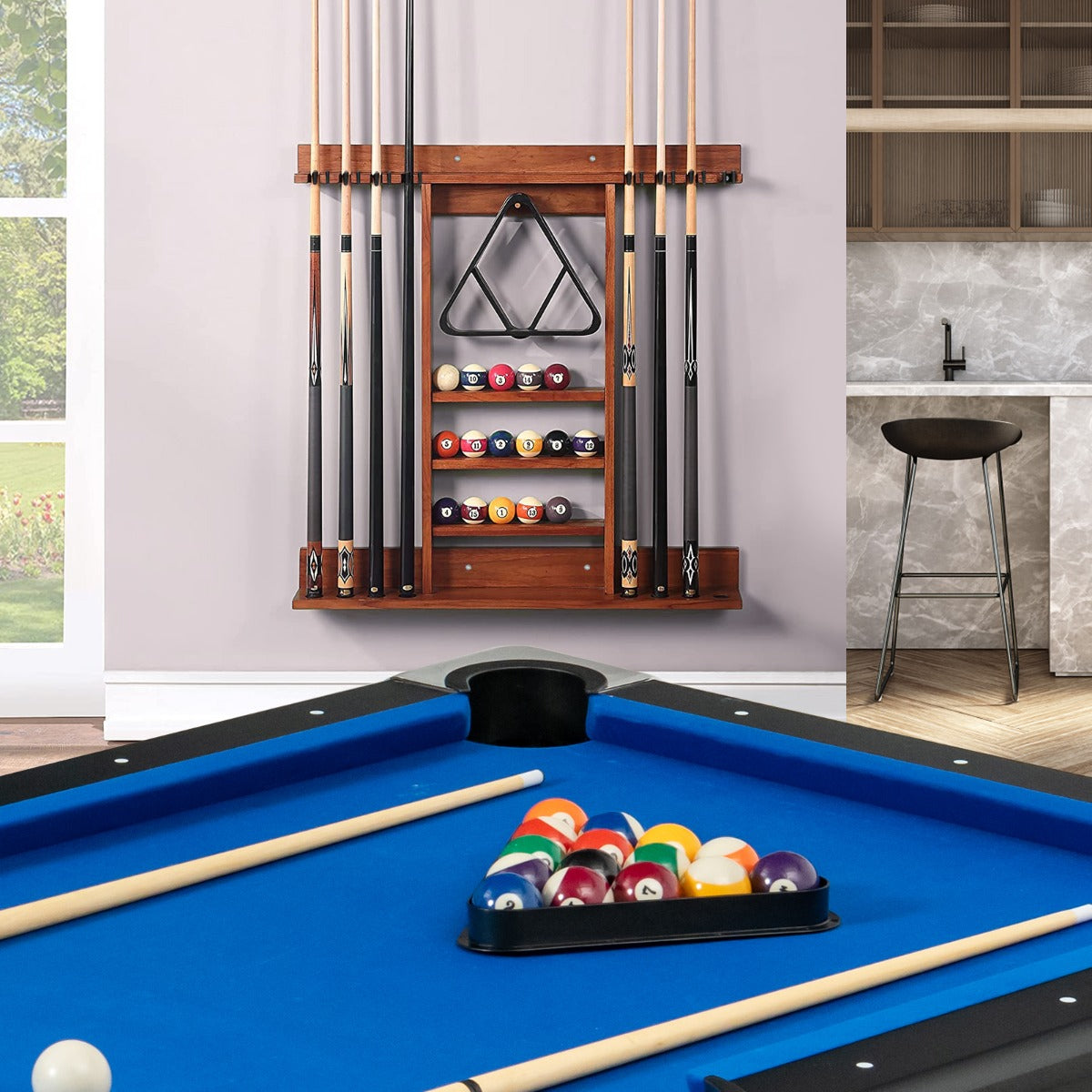 Wall Mounted Billiard Cue Rack 8 Cues and 3 Tier Grooves 15 Ball Holders 1 Triangle Wooden Ball Holder for Club