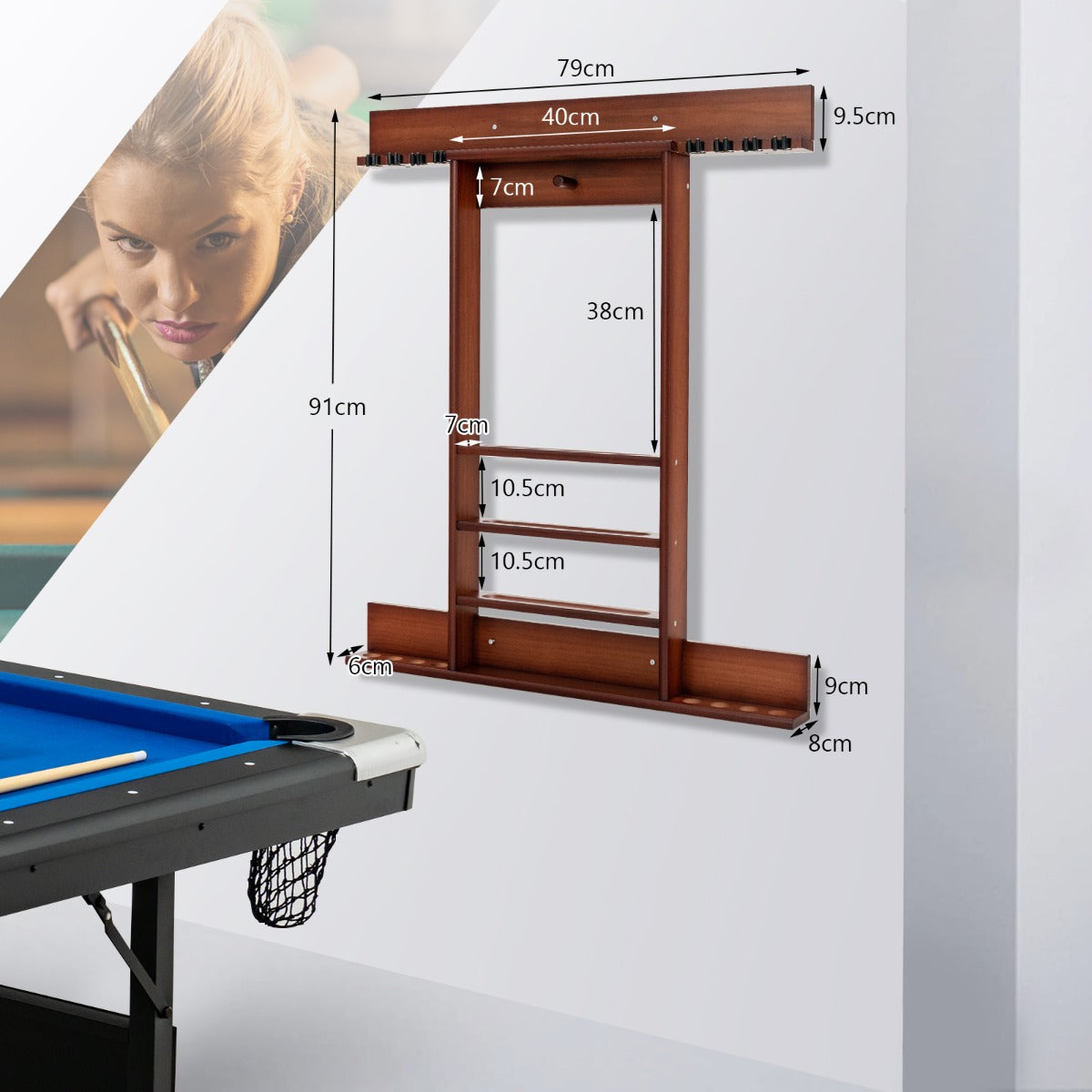 Wall Mounted Billiard Cue Rack 8 Cues and 3 Tier Grooves 15 Ball Holders 1 Triangle Wooden Ball Holder for Club