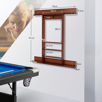 Wall Mounted Billiard Cue Rack 8 Cues and 3 Tier Grooves 15 Ball Holders 1 Triangle Wooden Ball Holder for Club