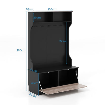 3 in 1 Coat Rack with Entryway Bench and Hooks and Enclosed Cabinet-Black