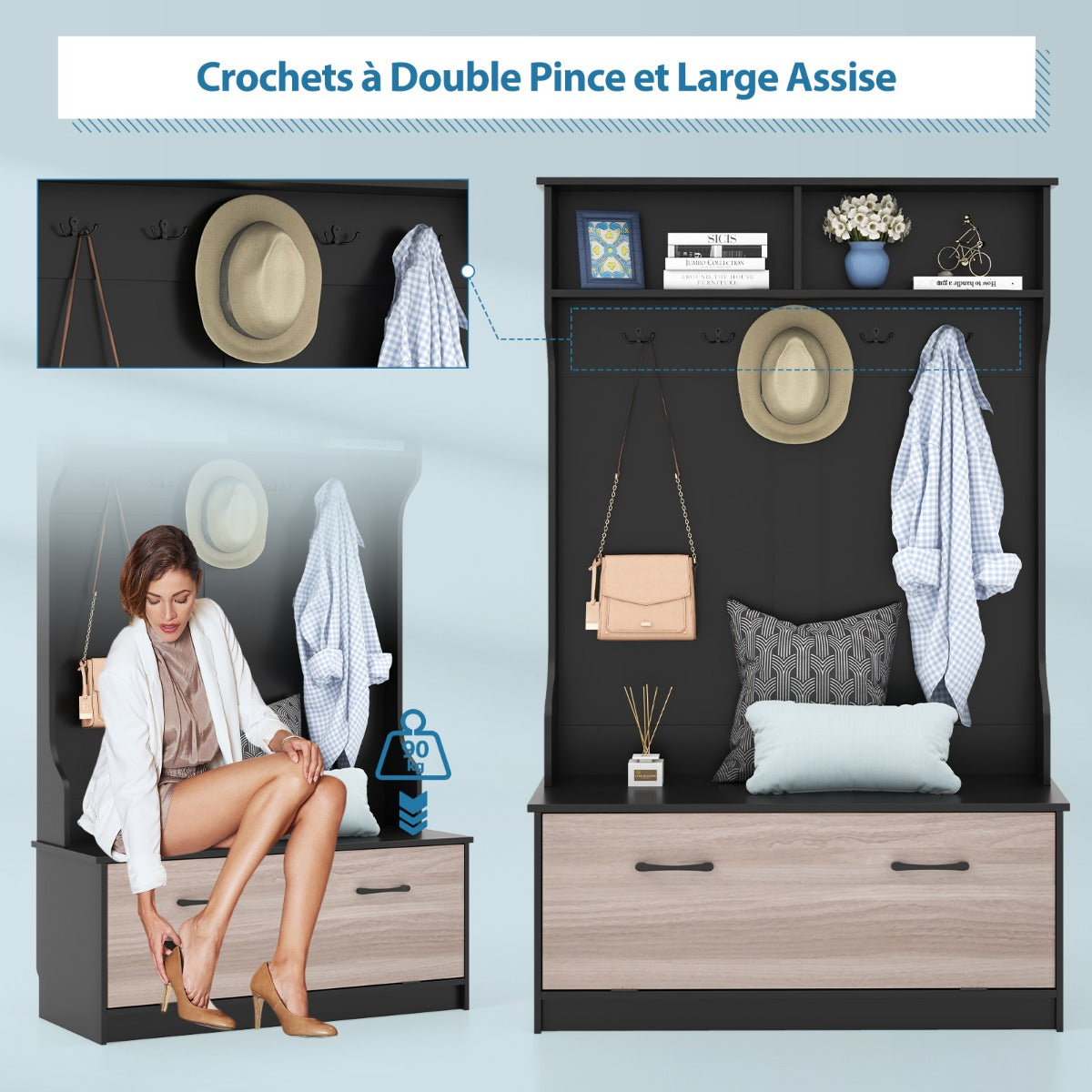 3 in 1 Coat Rack with Entryway Bench and Hooks and Enclosed Cabinet-Black