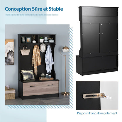 3 in 1 Coat Rack with Entryway Bench and Hooks and Enclosed Cabinet-Black