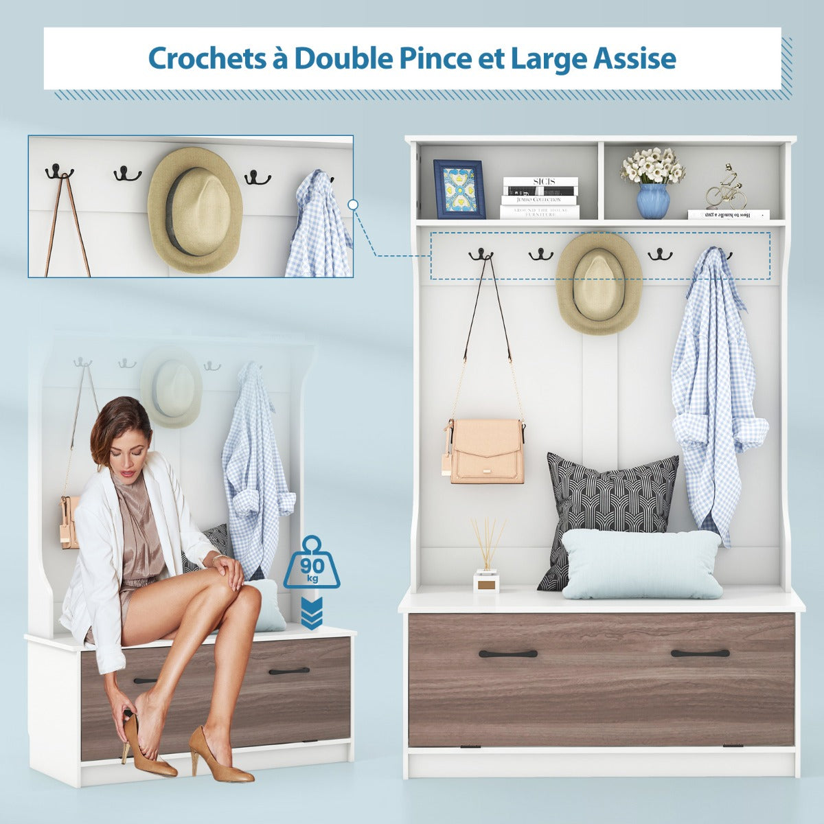 3 in 1 Coat Rack with Entryway Bench and Hooks and Enclosed Cabinet-White