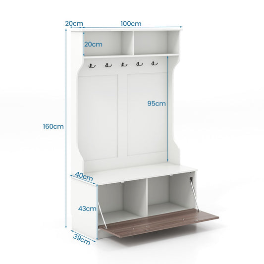 3 in 1 Coat Rack with Entryway Bench and Hooks and Enclosed Cabinet-White