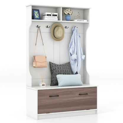 3 in 1 Coat Rack with Entryway Bench and Hooks and Enclosed Cabinet-White