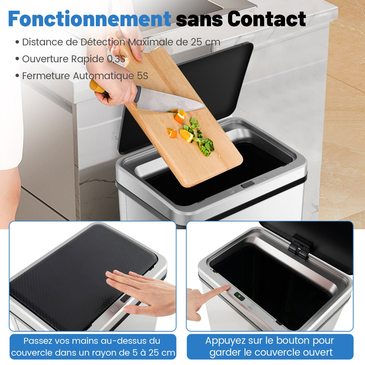 50L Stainless Steel Trash Can Automatic Motion Sensor Garbage Bin-Silver