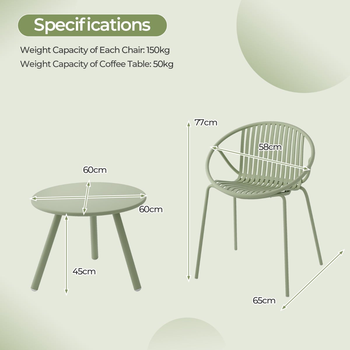 All Weather PP Patio Conversation 3 Pieces Bistro Set with Round Coffee table-Green